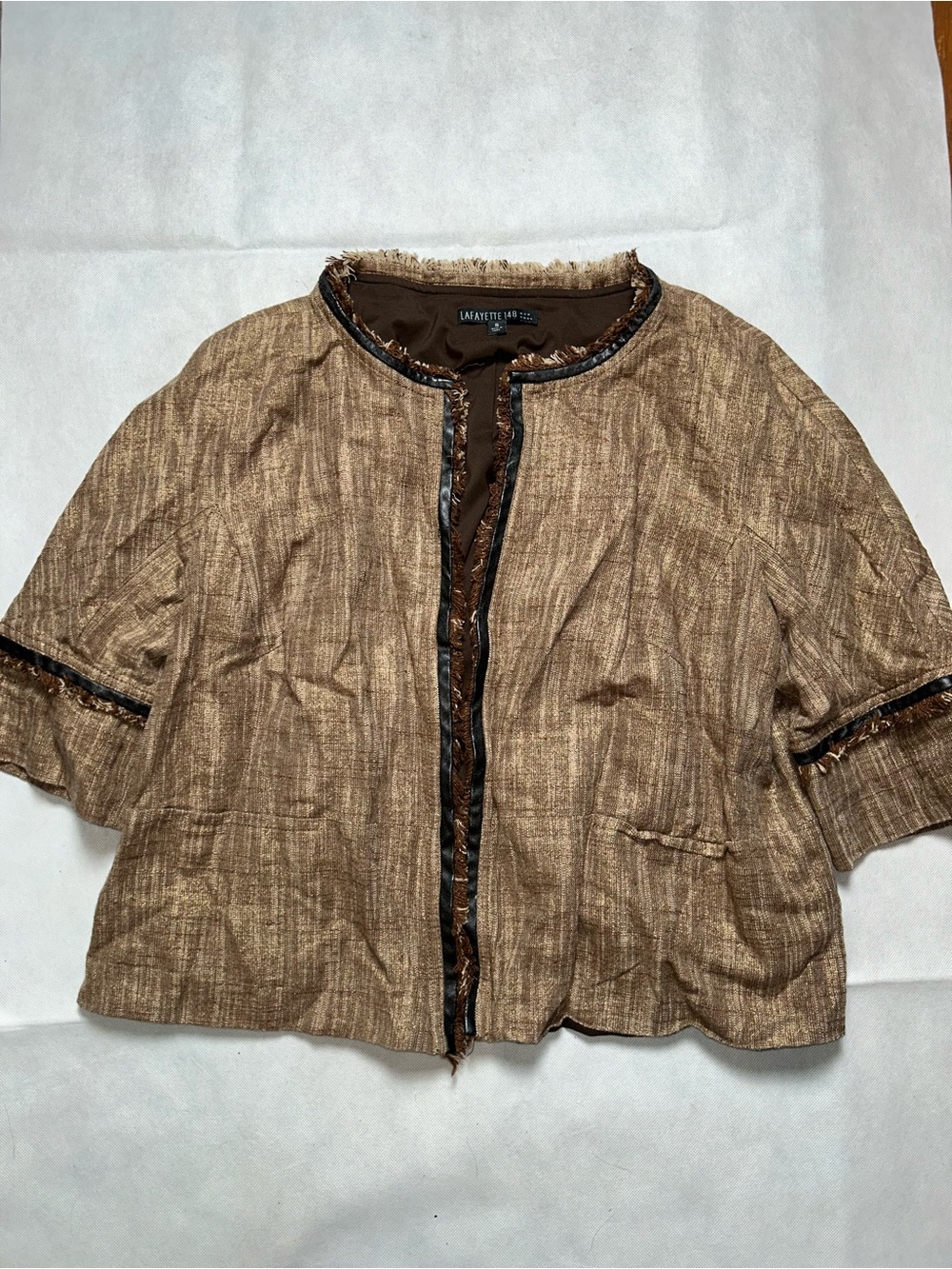 Lafayette 148 brown cropped three-quarter sleeve linen open front jacket size 16